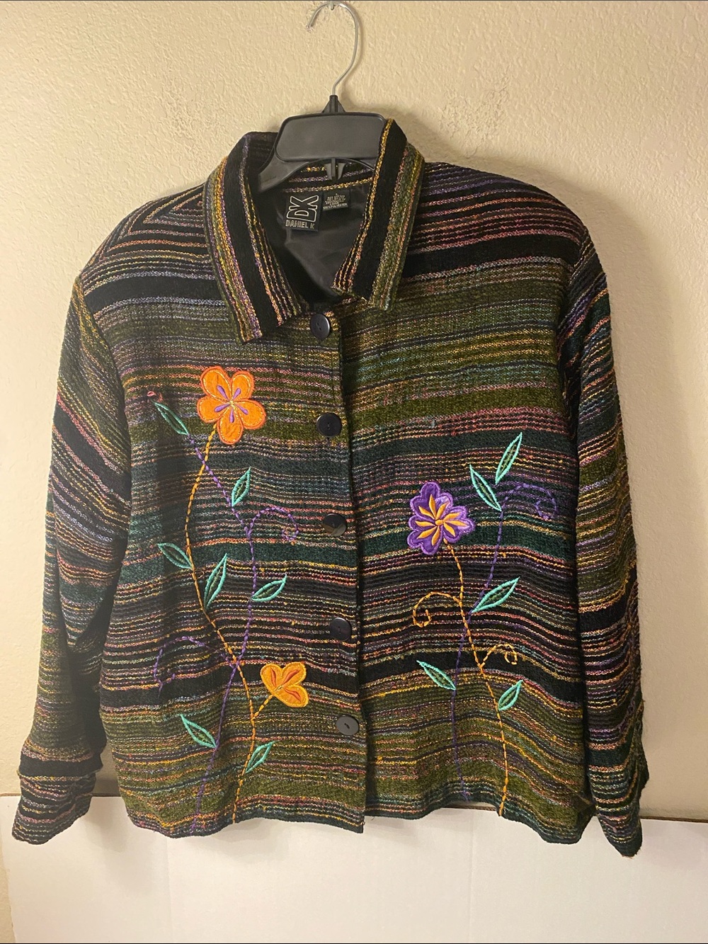 Daniel K Multicolor Striped Floral Embroidered Pea Coat